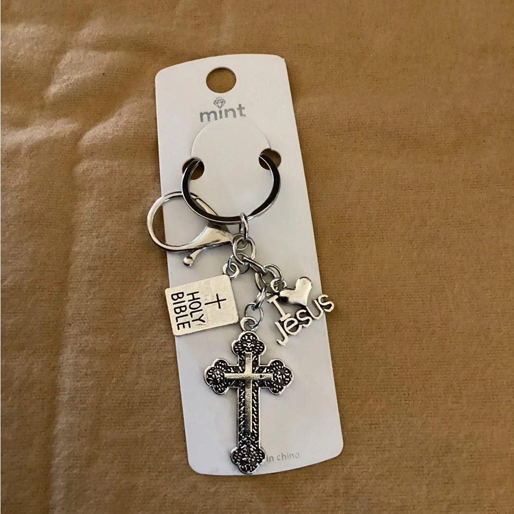 Silver Religious Keychain with Cross and Charms
